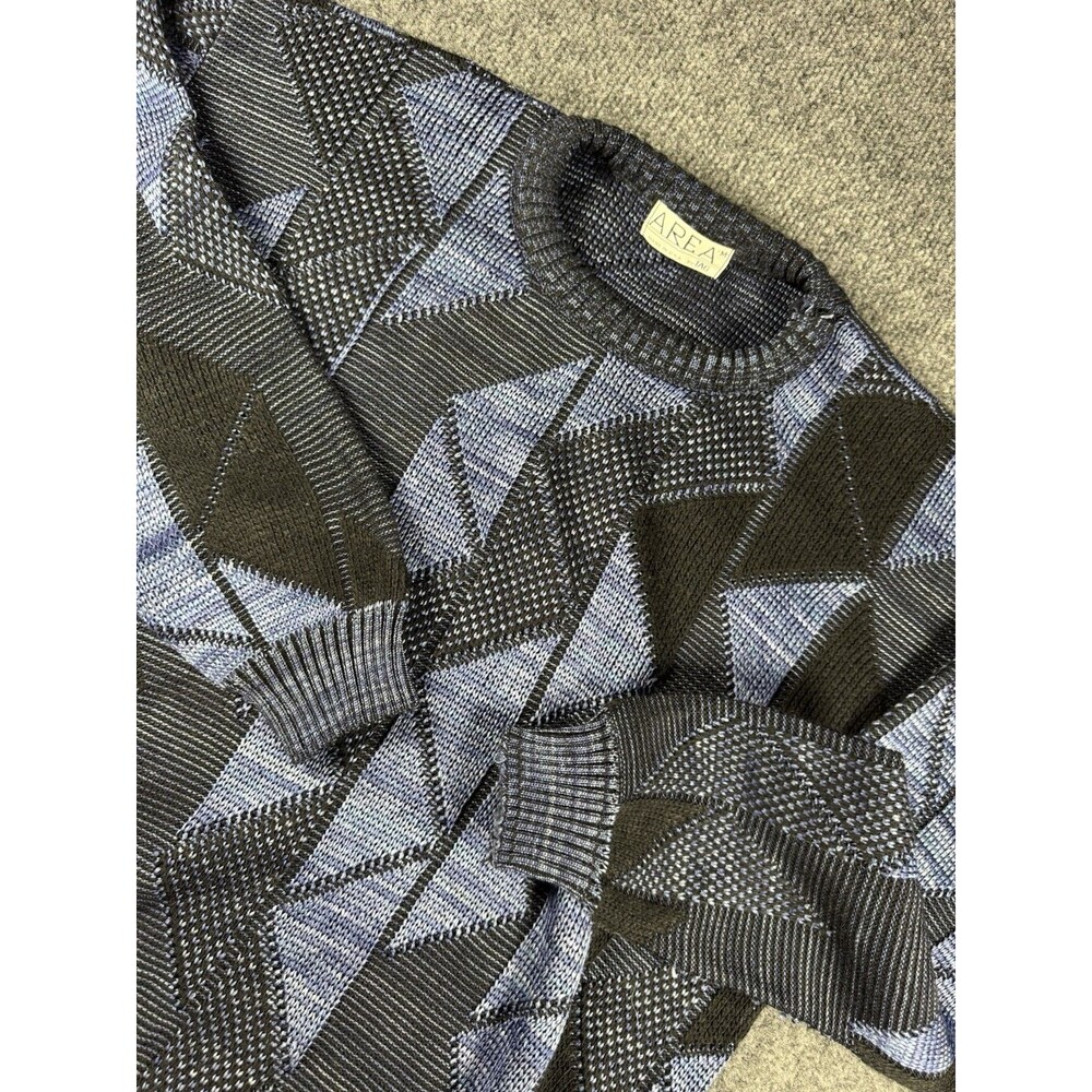 Vintage 90s Area by TAG Geometric Knit Sweater Mens M Blue Black Grandpa USA